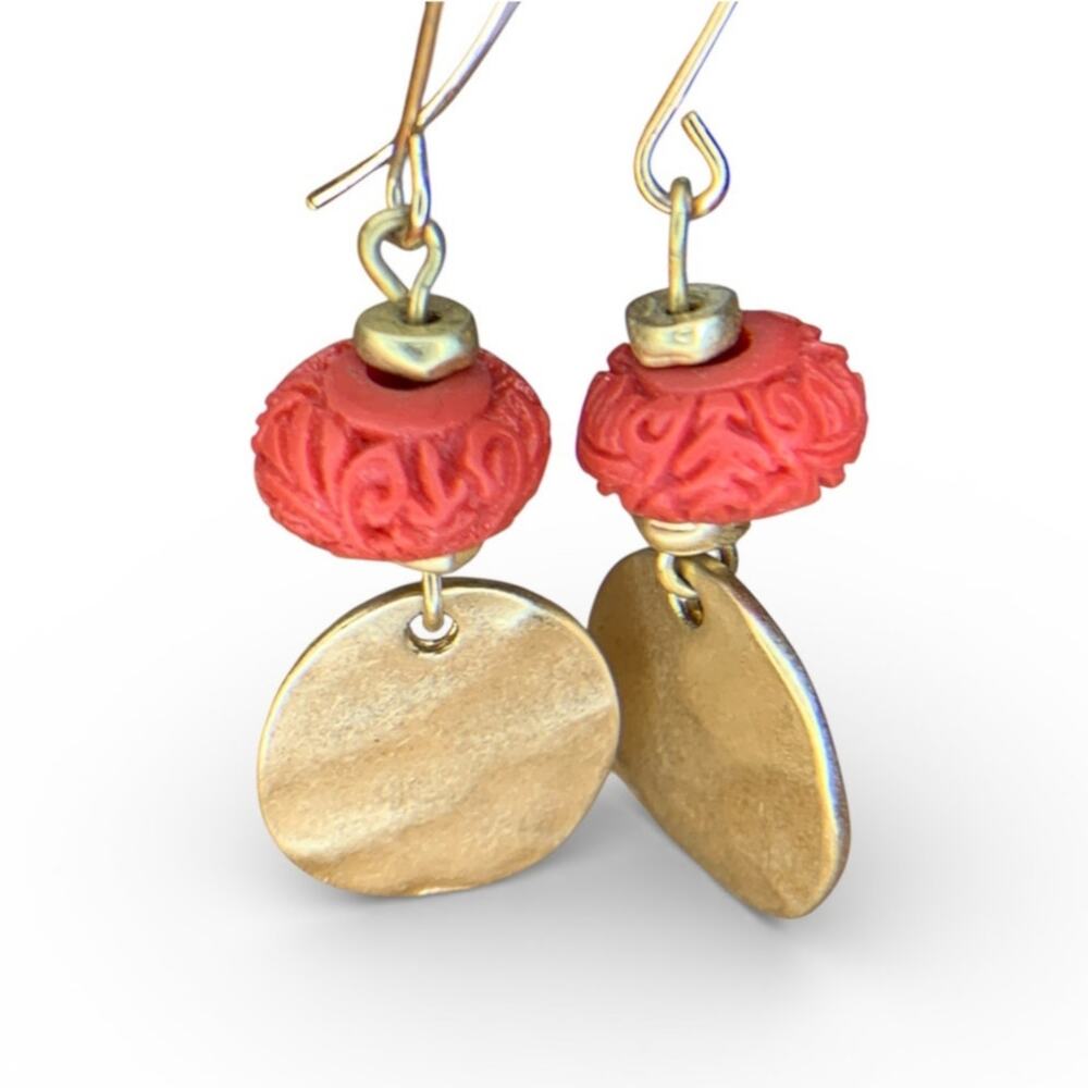 Vintage Carved Coral & Gold Dangle Earrings | Coastal Resort Chic